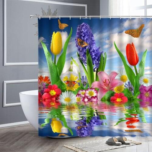 Spring Scenery Shower Curtain Colorful Flowers Tulips Lilies Butterfly Printing Home Bathroom Decor Bath Cloth Hanging Curtains