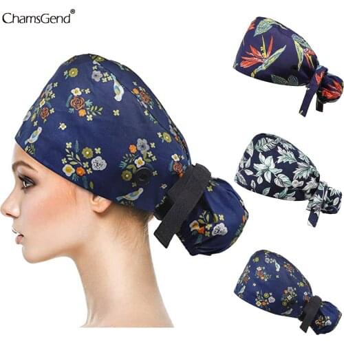 Women Scrubs Cap With Buttons Cotton Cartoon Printing Scrub Caps Nurse Uniform Accessories Pet Shop Chef Lab Work Surgicals Hat