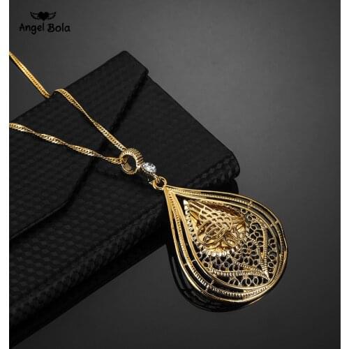 Women Gifts No Faded Classic Arabic Muslim Jewelry Wholesale Gold Color Crystal Hollow Heart Shape Allah Pendants Necklaces