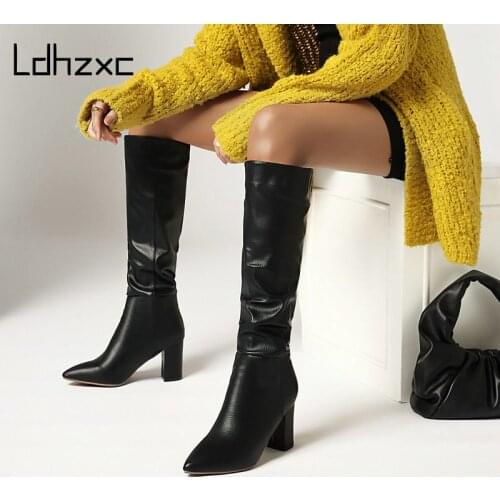 LDHZXC Faux Leather Women Block Heel Knee High Boots Woman Pointed Toe High Heels Western Long Boots Winter Boots Size 43
