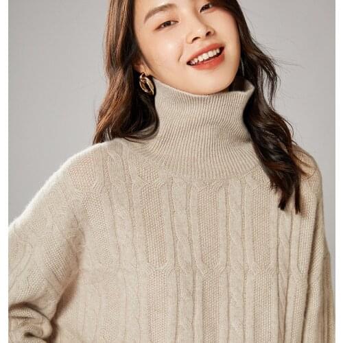 SZDYQH Autumn Winter Casual 100% Wool Turtleneck Jumper Sweater Women Sweaters And Pullovers Long Sleeve Loose Thicken Tops