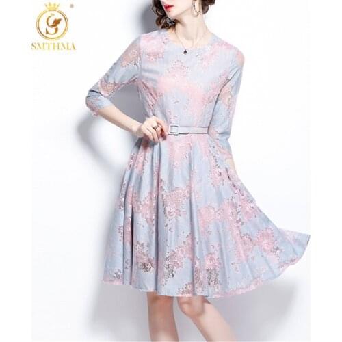 SMTHMA Temperament Lace Hollow Out Dress For Women High Waist Print Knee-Length Dresses Female Fashion New Clothes With Belt