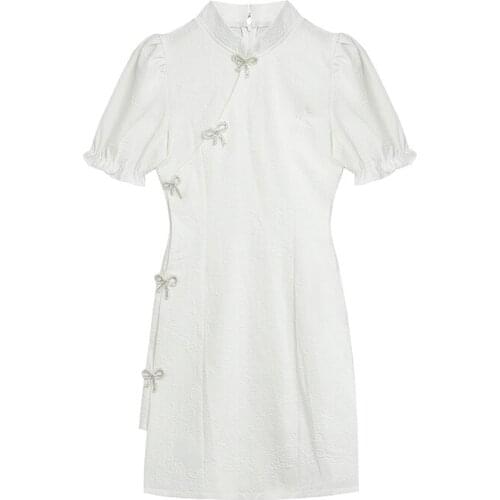 France Style 2021 Summer New Chinese Style Bow Split O-Neck Short Sleeve Elegant Dress Office Lady Concise Casual A-Line Dress