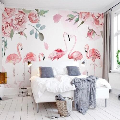 Milofi large mural pink medieval flamingo watercolor rose flower bedroom TV background wall