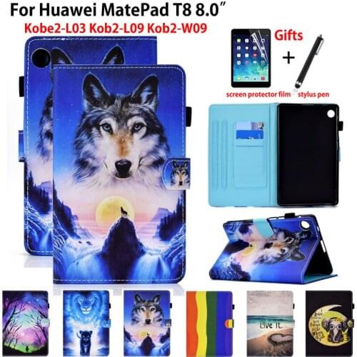 For Huawei MatePad T8 T 8 2020 Case Cover KOB2-W09 KOB2-L09 Kobe2-L03 Funda Tablet Cartoon Lion Wolf Stand Shell Coque +Gift