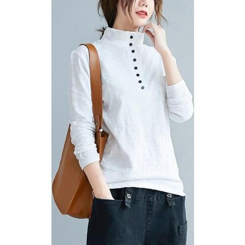 Black White Comfortable Bamboo Cotton T Shirt For Woman Fashion Button Turtleneck Tee Shirt Femme Slim Autumn Bottoming Clothes