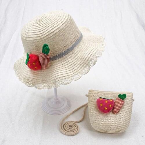 Kids Summer Straw Sun Hat with Handbag Cartoon Rabbit Pompom Vacation Beach Cap