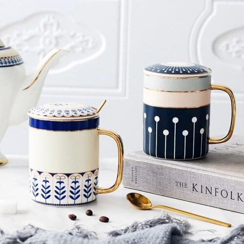 European Ceramic Mug Creative Afternoon Tea Teacup Coffee Cups With Lid Spoon Breakfast Milk Water Cup Birthday Gifts 320ML