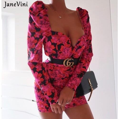 JaneVini Spring Ruched Floral Print Women Mini Dresses Puff Long Sleeve Sexy Bodycon Dress Rose Red Ladies Night Party Outfits
