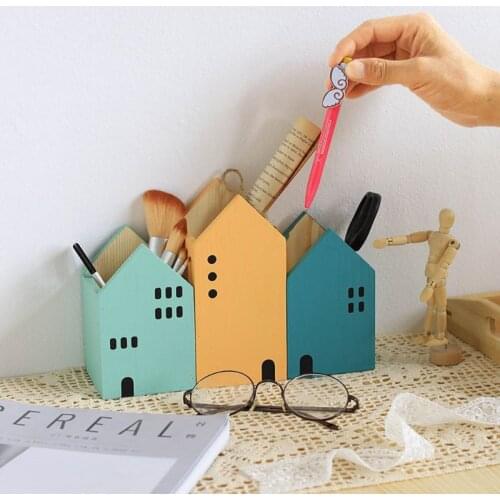 Creative House Shape Wooden Pencil Pen Holder Desktop Organizer Container Brush Pot Stationery School Office Supplies