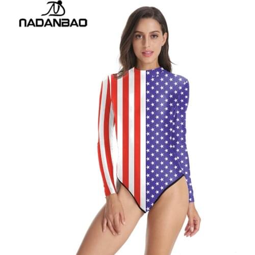 Nadanbao 2021 New Fashion Women Swimwear 3D Printed color Long Sleeves One Piece Swimsuit Independence Day Flag Style Swimsuit