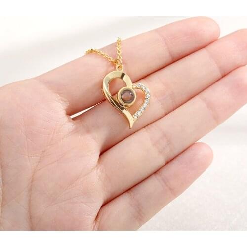 Fashion Gold 100 Languages Heart Neckalce For Women I Love You Projection Love Shape Pendant Rhinestone Stainless Steel Necklace