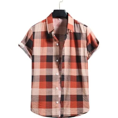 Vintage Plaid Print Mens Shirts New Arrival Single Breasted Short Sleeve For Men Clothing Brief Turn-down Collar Shirt Blouses