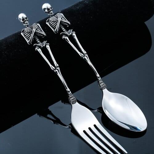 Creative Handmade Skull Cutlery Set Stainless Steel Western Dinnerware Fork and Spoon Dinner Sets Halloween Party Tableware