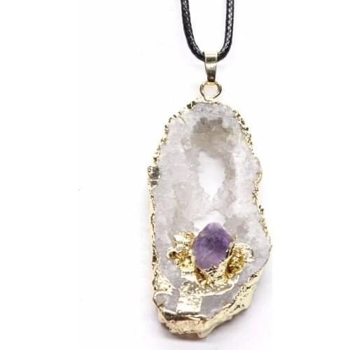 Kraft-beads Personalized Irregular Shape Original Rock Crystal Inlay Purple Amethysts Geode Pendant Fashion Jewelry