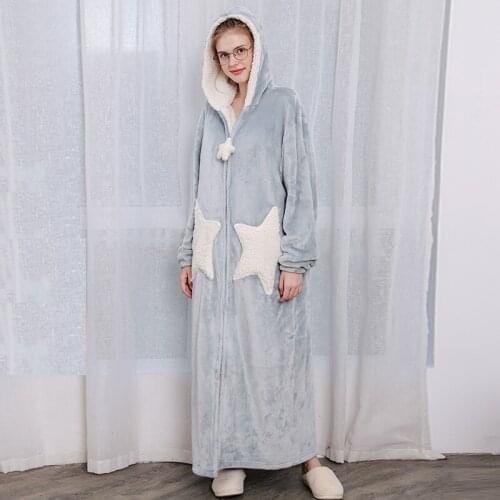 Plus Size Women Winter Star Moon Long Warm Flannel Bathrobe Pregnant Zipper Bath Robe Hooded Night Dressing Gown Men Sleepwear