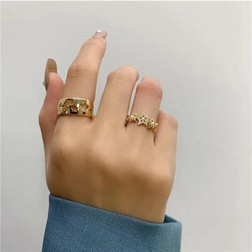 Micro Paved New Delicate CZ Stone Hollow Star Rings For Women Girls Adjustable Pearl Finger Fashion Jewelry