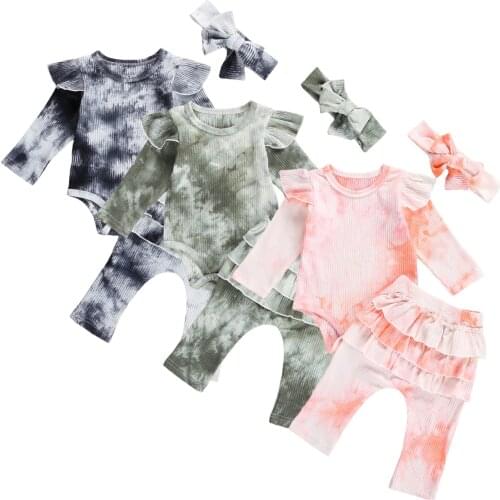 0-24M Autumn Spring Newborn Baby Romper Outfits Ruffle Pants Round Collar Long Sleeves Dye Printed Waistband 3pcs Clothes Set