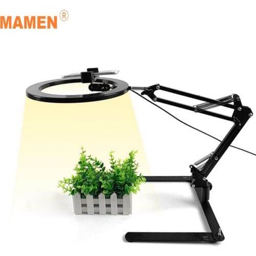 MAMEN Dimmable 26cm Selfie Ring Light Led Video Studio Photography Lighting with Long Arm Desktop Table Phone Holder for Youtube