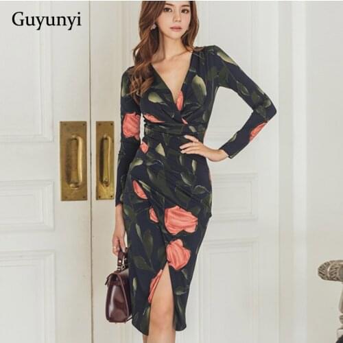 Spring Autumn Party Dress Irregular Split Slash Sexy Dress Elegant Package Hip Midi Dress Floral Women Dress Robe Club New