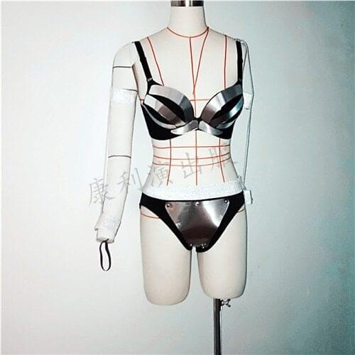 Silver Punk Sexy Bikini Auto Show GOGO Dance Costume Women Metal Party Cotume Beautiful Stage Wear Performance Clothes VDB1948