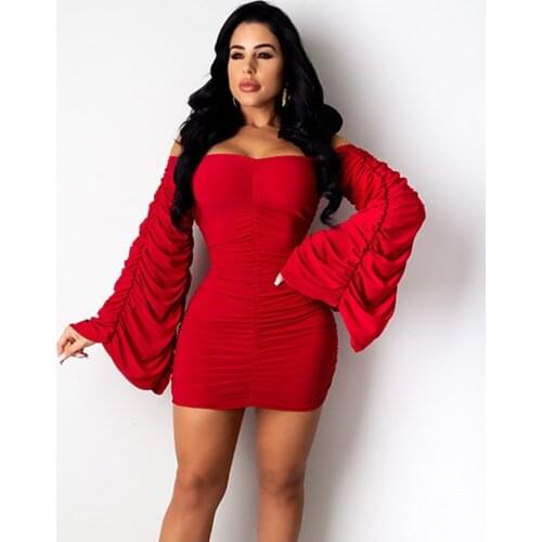 Sexy Off Shoulder Ruched Bodycon Dress Women Strapless Flare Sleeve Mini Red Dresses Ladies Christmas Party Club Dress Vestidos