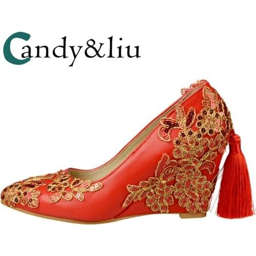 Red Lace Flower Wedding Shoes Wedge Chunkey Heels Pointed Toe Slip-on Women Pumps for Pregnant Bridesmaid Party Banquet Bridal