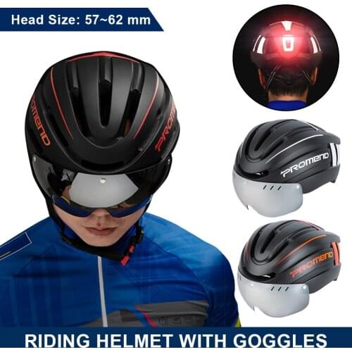 New Bicycle Helmet with LED Tail Light Detachable Anti-Glare Goggles Breathable Washable Lining MTB Ventilated Cycling Helmet