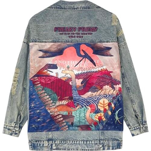 Autumn Women Ripped Distressed Casual Long Sleeve Denim Jacket,Cartoon Dinosaur Pattern Jean Jackets and Coats Streetwear