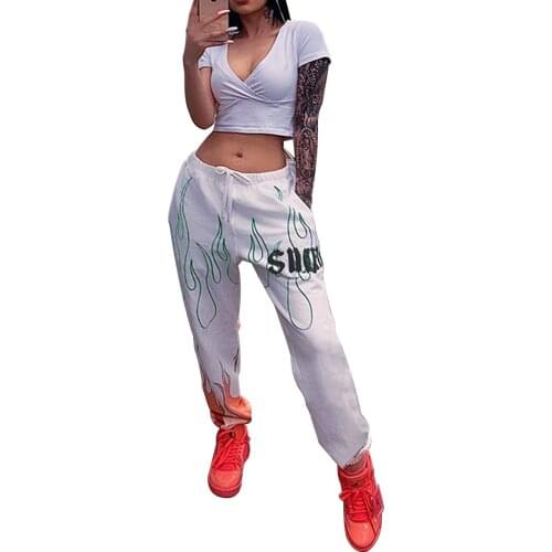 Women Fashion Flame Letter Pattern High Waist drawstring Casual Pants Girl Student Sports Trousers Korean Loose Pants