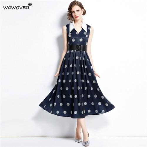Fashion Designer Summer Womens Maxi Dress 2021 Turn Down Collar Sleeveless Print Vestido Longo Elegant Aline Party Robe Femme
