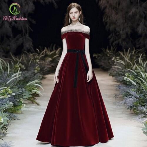 SSYFashion New Simple Vintage Burgundy Evening Dress Boat Neck Flooe-length Velour Long Prom Formal Gown Vestido De Noche