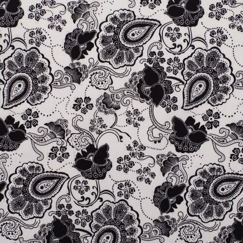 1 Yard Cotton Poplin Fabric for Sewing Patchwork, Dress, Cloth - Black Flowers on White Background (width=140cm)