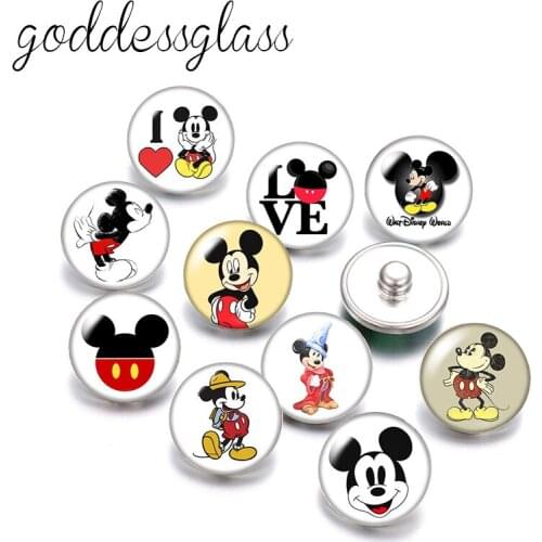 Disney Mickey Mouse Love Cartoon Cute 10pcs Round photo glass 18mm snap buttons for 18mm snap bracelets jewelry