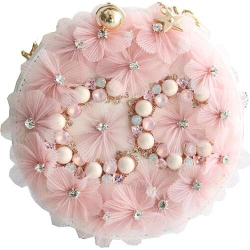 2019 Luxury handbag Pink handmade flowers Round bag women handbag mini PU leather Shoulder Bags tote bag for ladies purse