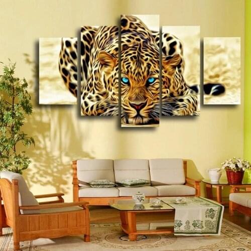 New Unframed Abstract Blue Eyes Leopards Hd Wall Picture Decorative Oil Painting On Canvas Home Decoration for Living Room 5pcs