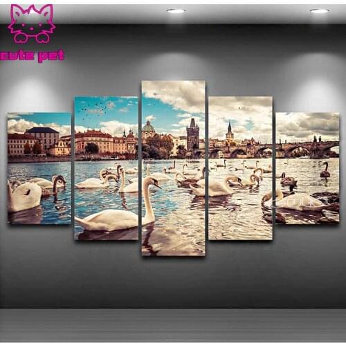 5 Pcs Swans Lake City Building Bridge Scenery 5d diy full square round drill diamond painting mosaic embroidery cross stitch art