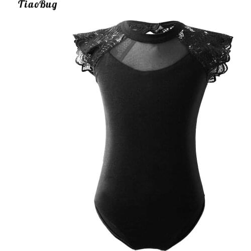 TiaoBug Kids Girls Ballet Dance Leotard Sleeveless Round Neck Lace Shoulder Oval Shaped Hollow Back Training Jumpsuit Bodysuit