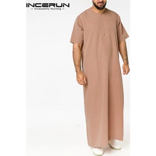 INCERUN Mens Solid Color Robes Saudi Style Zipper Jubba Thobe Man Vintage Short Sleeve O Neck Muslim Arabic Islamic Clothing 5XL