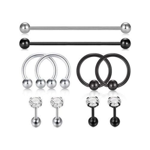 8pcs/set Stainless Steel Industrial Barbell Earrings Heart Twist Cone Rainbow Punk Ear Cartilage Helix-Conch Piercing Jewelry