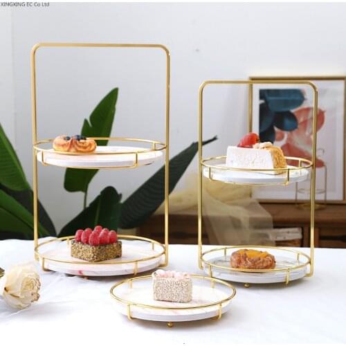 Marble Texture Ceramic Plate Dessert Plate, Fruit Plate, Metal Double Layer Dessert Tray, Nordic Luxury Cosmetic Storage Rack