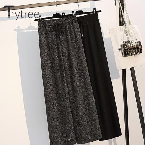 Trytree 2020 Summer Women Pants Casual Loose Wide Leg Pants Elastic Waist Drawstring Fashion Solid Elegant Ankle-Length Pants