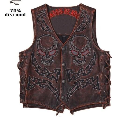 2020 Vintage Red Brown Men Bikers Leather Jacket Single Breasted Size XXL Genuine Cowhide Spring Slim Fit Short Motorcycle Vest