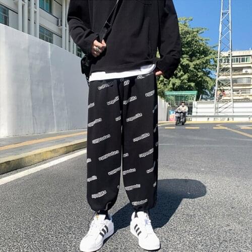 Fashion Letters Printed Men Pants Hip Hop Trend Wide Leg Joggers Ankle-Length Pants Homme
