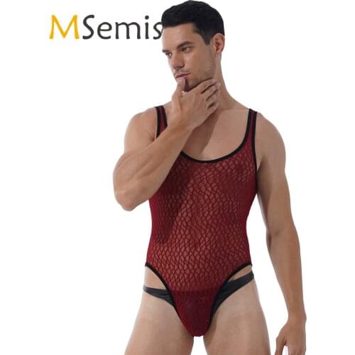 Mens Lingerie Wrestling Singlet Bodysuit Athletic Leotard Nightwear See-through Mesh Bodysuit Underwear Round Neck Sleeveless
