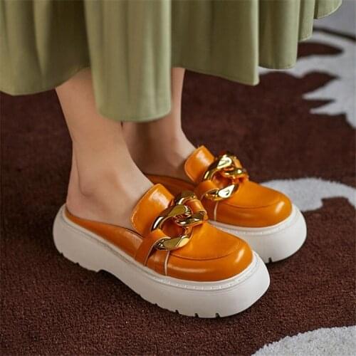 PXELENA NEW Designer Metal Chain Genuine Leather Mules Women Chunky Platform Heels Slides 2021 Summer Spring Date Daily Slippers
