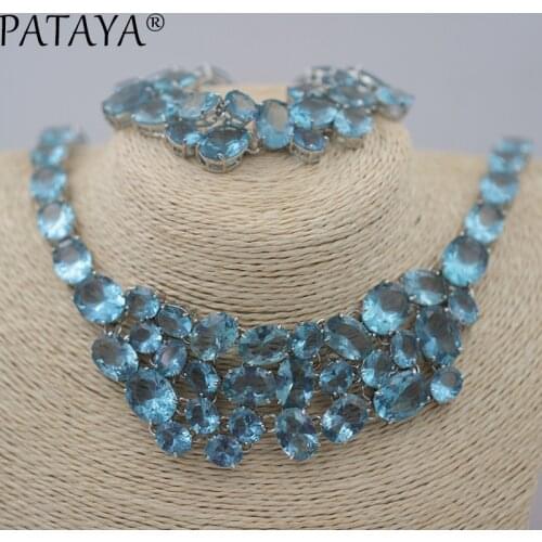 PATAYA New Arrivals Blue Natural Artificial Zirconia Bracelets Necklaces Set Original Design Women True White Gold Jewelry Sets