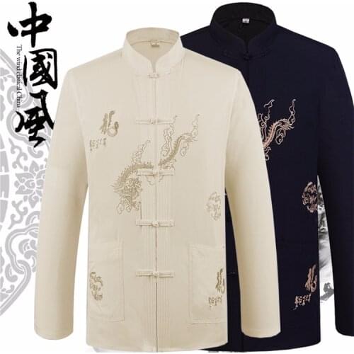 2019 New Mens National Stand-collar Tang Suit Top Chinese Dragon Figure Middle-aged Long Sleeve Shirt Spring Autumn Wushu Shirt