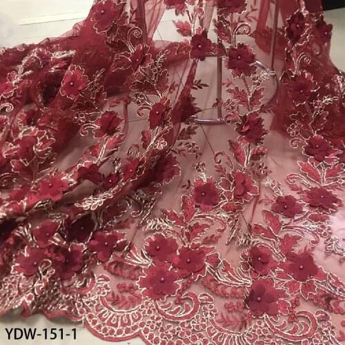 2020 Latest French Nigerian Laces Fabrics High Quality Tulle 3d Flower Lace Fabric with Beaded for Wedding YDW-151