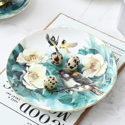 Flower and bird pattern bone china dinner plate steak breakfast plate home dinner plate western food dessert fruit plate